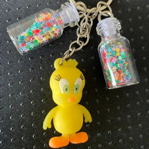Girls Women Cute Duck Charm KeyChain with Twin Mini Glass Color Confetti Vials